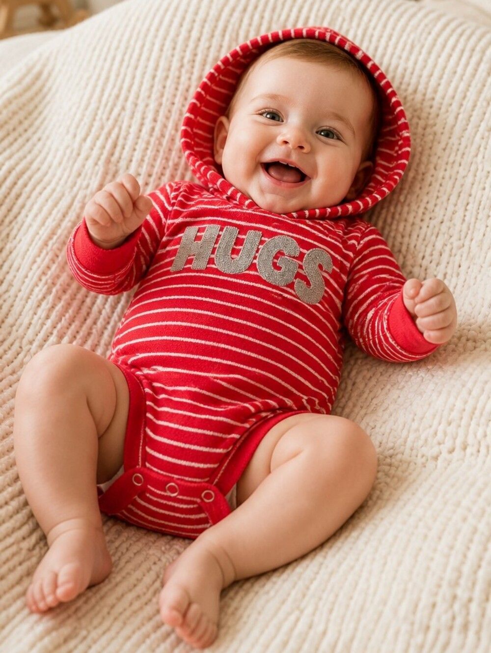 Carter’s Baby Boys 9M Red White Striped HUGS Hooded Bodysuit Long Sleeve Onesie